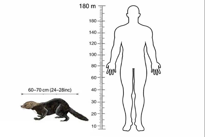 comparison of a tayra relative to a human, illustrating its typical physical dimensions.
The tayra is a weasel-like mammal native to Amazon rainforest of Peru