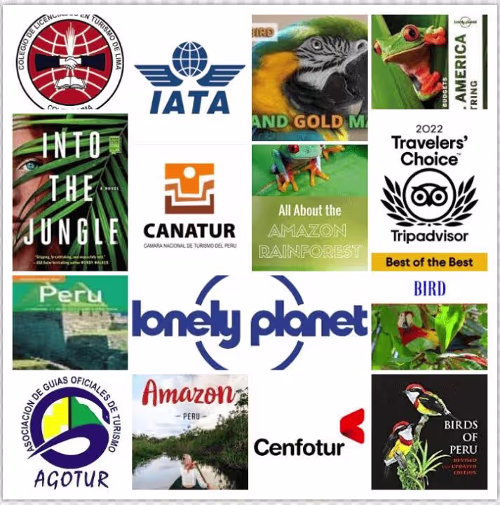 Displays IATA and CANATUR logos, Tripadvisor awards, Lonely Planet branding, and tourism references to Peru and the Amazon region.